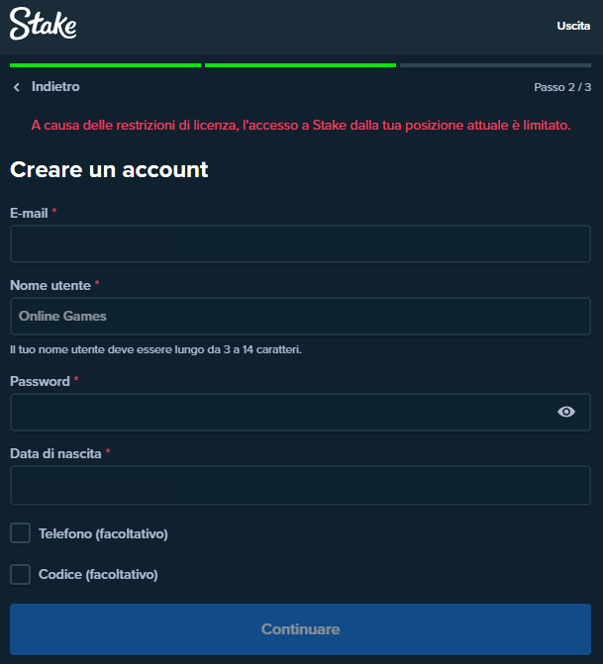 Registrazione al Stake